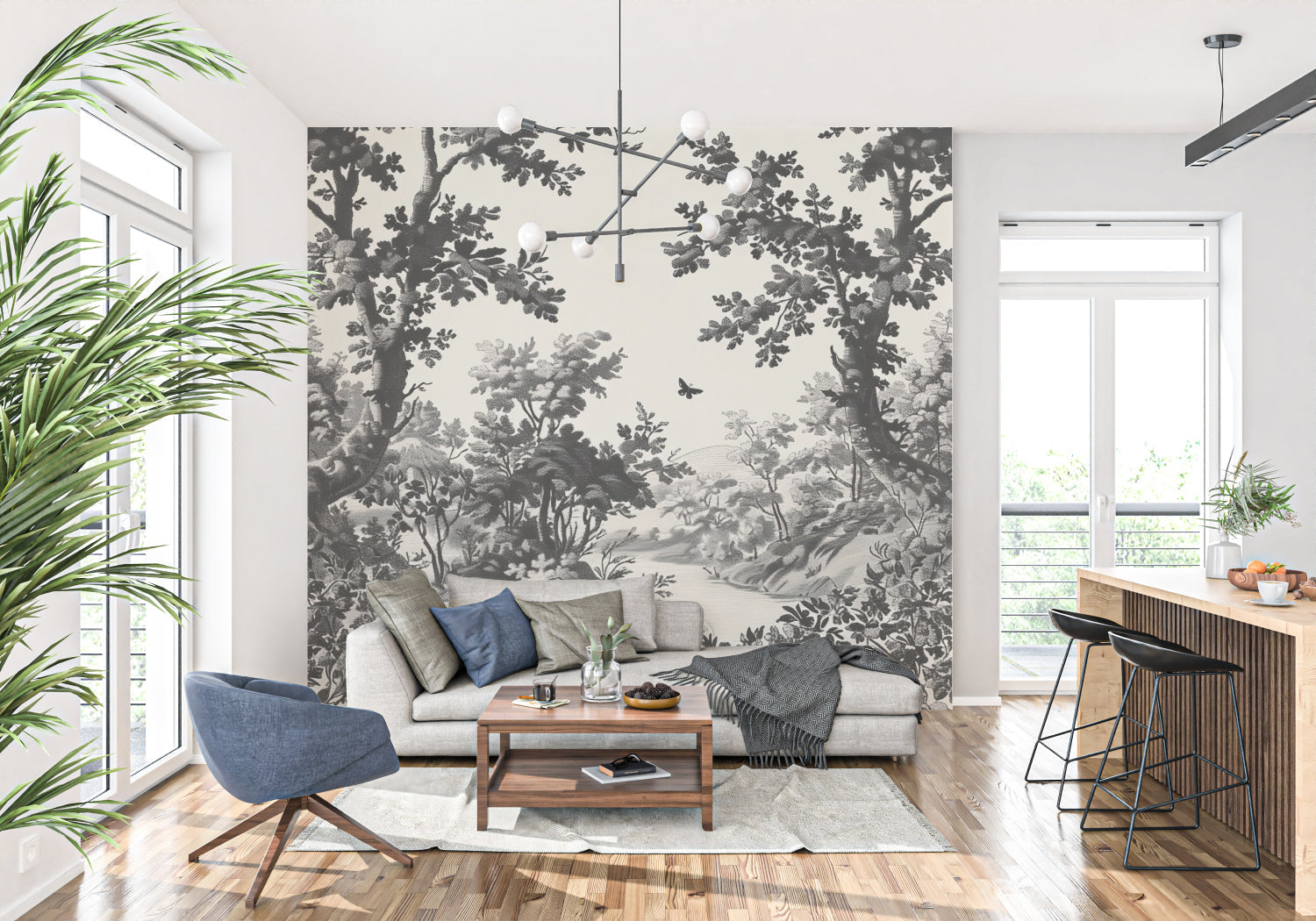 Monochrome forest mural wallpaper in stylish dining room setting