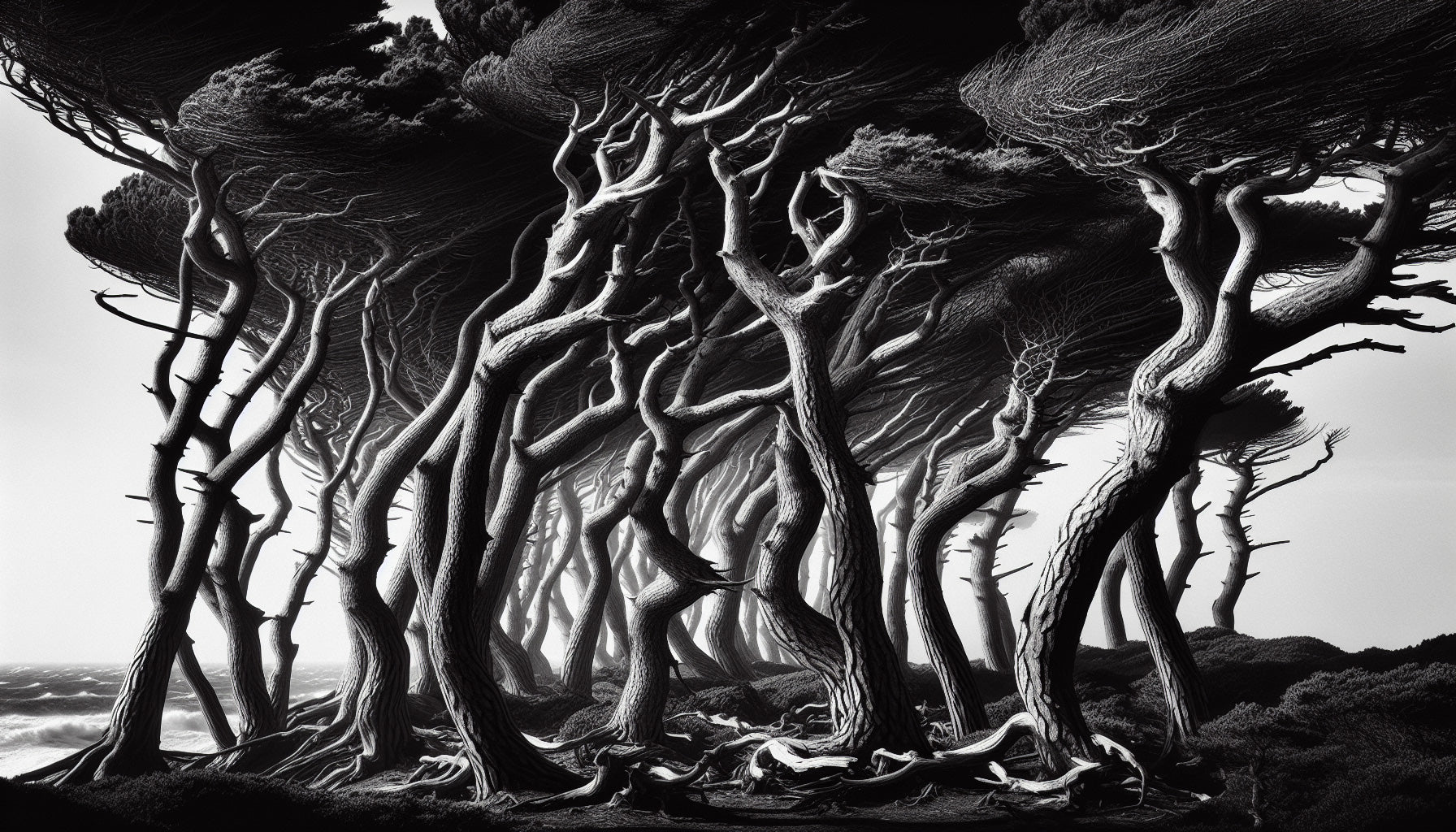 Black and white tree silhouettes design file showing intricate branch details and misty background pattern