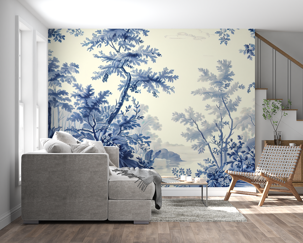 Blue forest wallpaper bringing serenity to home office space