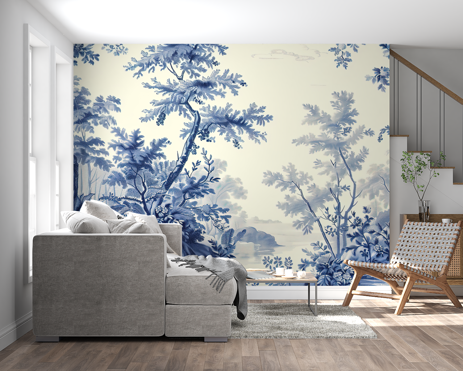 Blue forest wallpaper bringing serenity to home office space