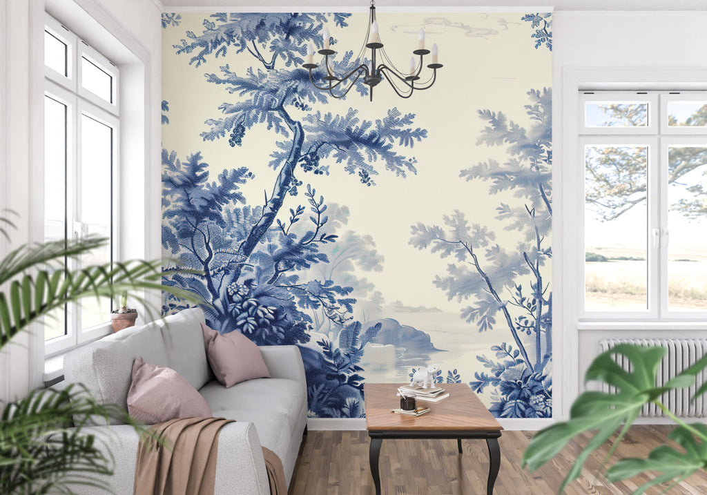 Blue and cream Toile de Jouy mural in modern dining room setting