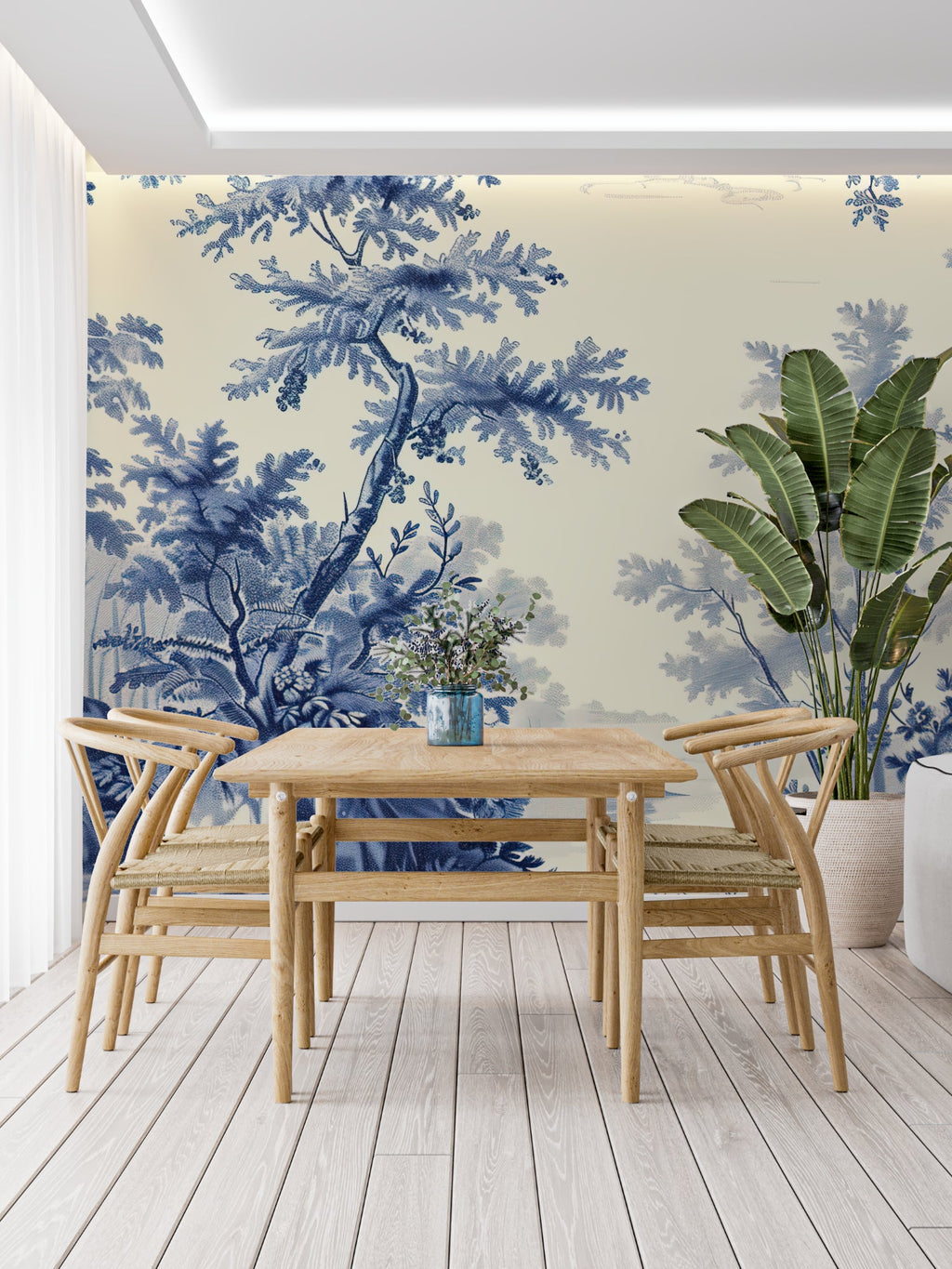 Detailed view of French Toile forest pattern in home office space