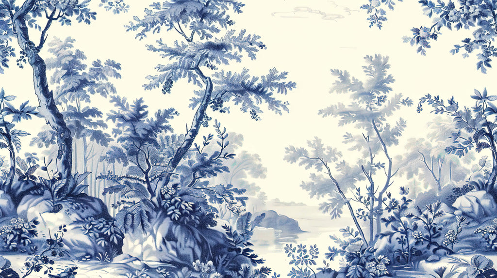 Blue Toile de Jouy forest design file showing intricate pattern details and cream background