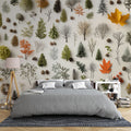 Botanical forest wallpaper creating a calm atmosphere in a modern living room with soft natural lighting
