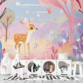 Forest deer wallpaper mural styled in a bright nursery, showing soft pink and purple tones with floating butterflies