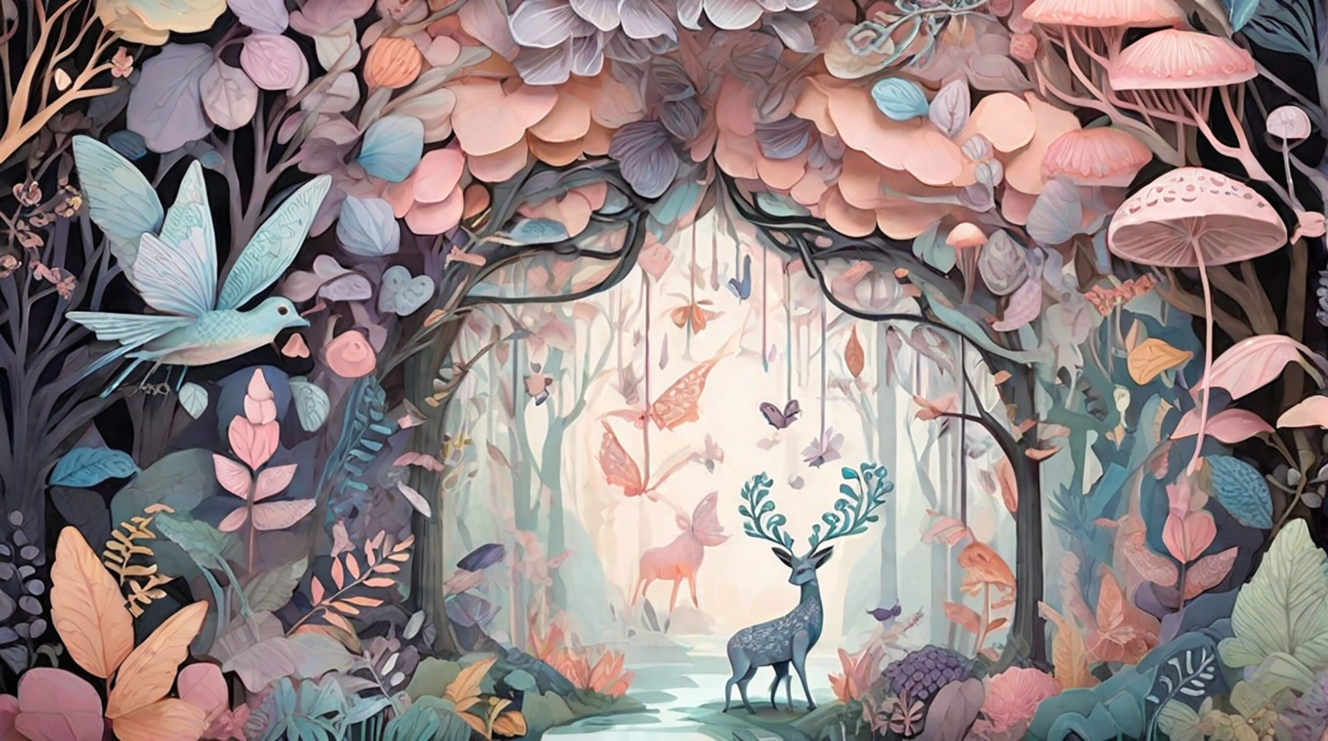 Enchanted forest wallpaper design file showing detailed butterflies and botanical elements
