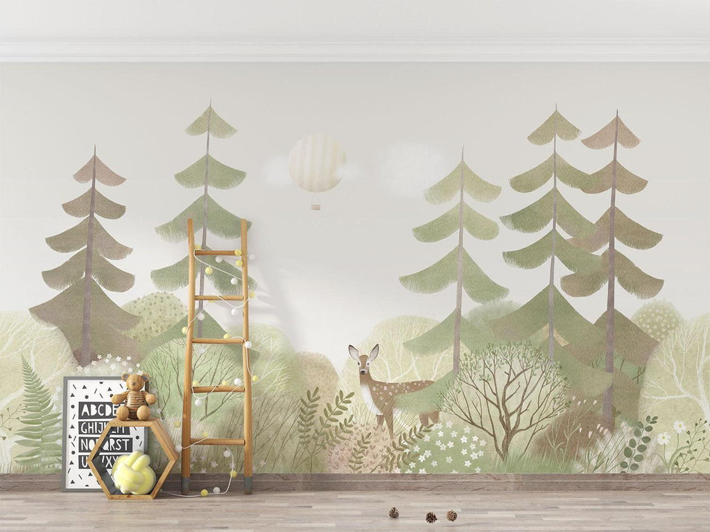 Enchanted forest wallpaper bringing nature indoors in a minimalist living room setting