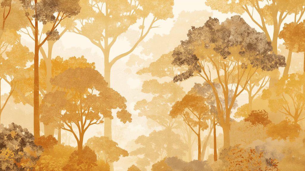 Golden forest wall mural in master bedroom with natural light highlighting autumn colors