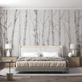 Minimal Birch Forest Wallpaper creating a serene atmosphere in a modern Scandinavian living room