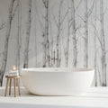 Minimalist Birch Tree Forest Wallpaper creating a serene atmosphere in a modern Scandinavian living room with natural light