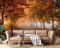 Forest wall mural creating depth in modern living room, golden autumn path with morning mist