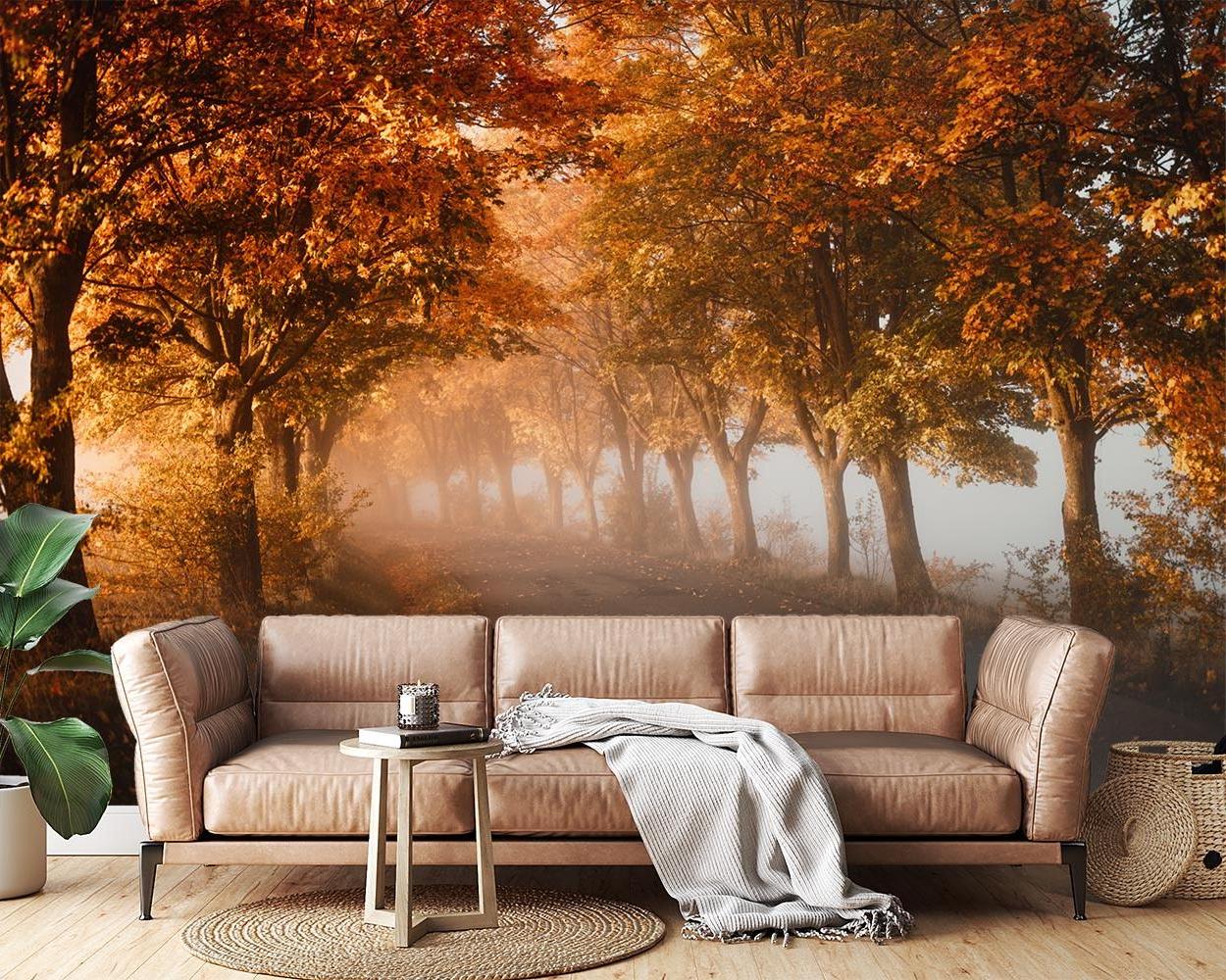 Forest wall mural creating depth in modern living room, golden autumn path with morning mist