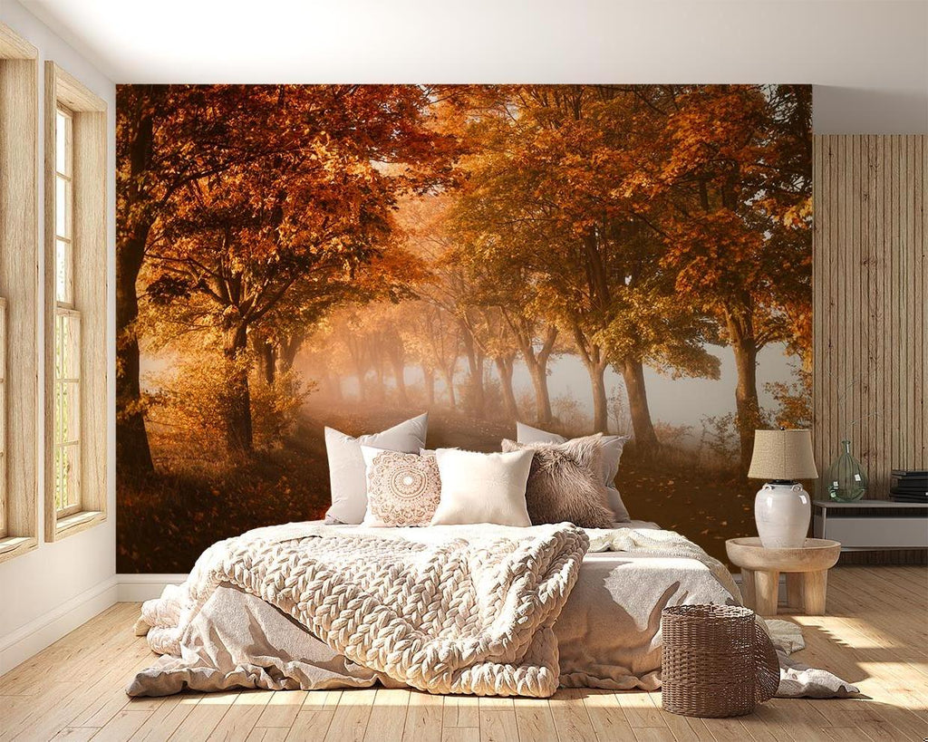 Cozy bedroom featuring autumn forest wallpaper with misty tree-lined pathway