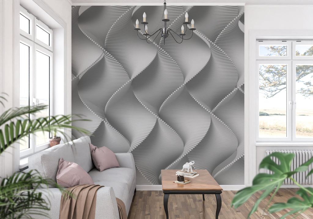 Forest wall mural in modern living room showing misty pine trees creating depth and atmosphere