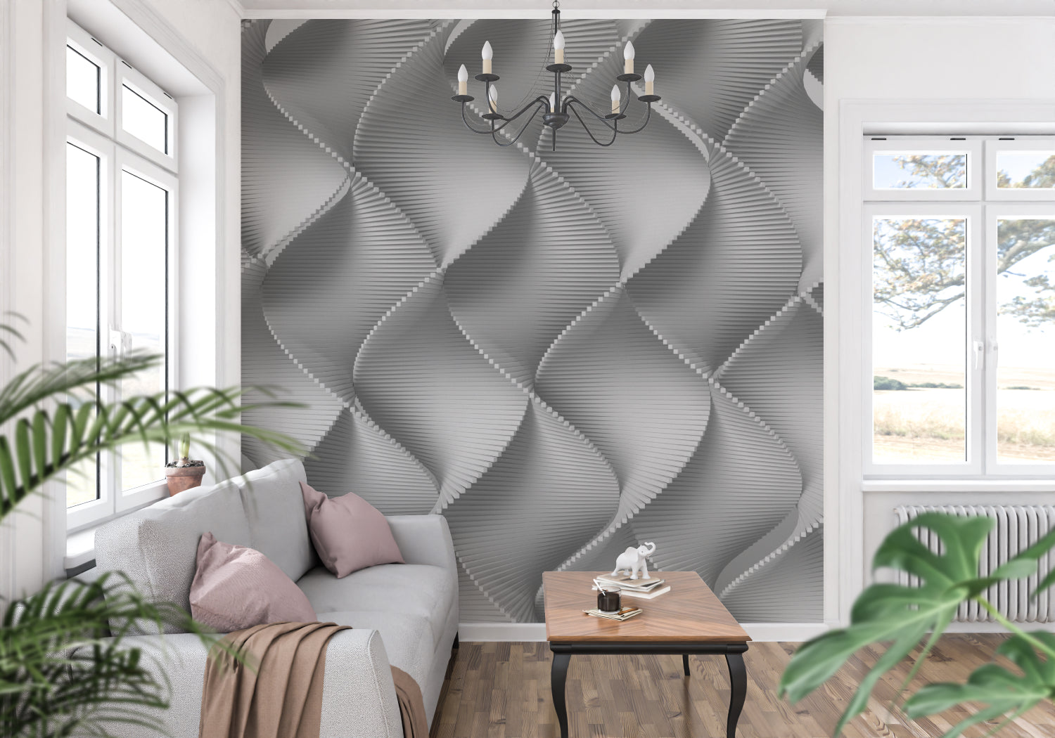 Forest wall mural in modern living room showing misty pine trees creating depth and atmosphere