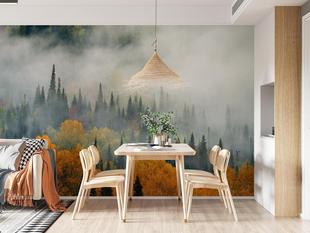 Bedroom with forest landscape wallpaper featuring golden autumn trees and morning mist