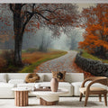 Forest path wallpaper creating depth in a modern living room with soft morning light filtering through windows