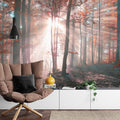 Forest wall mural creating depth in modern living room, morning light filtering through misty trees