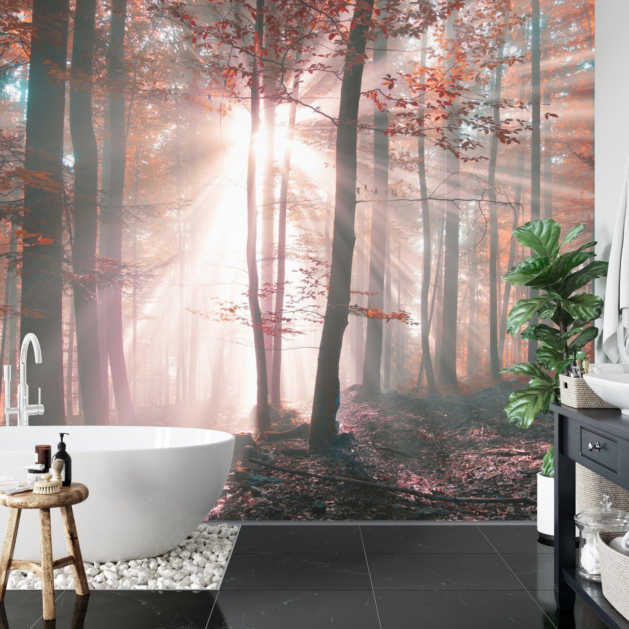 Misty forest wallpaper in cozy bedroom setting with natural morning light effect
