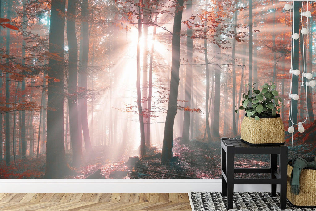 Autumn forest mural wallpaper in meditation room showing scale and depth