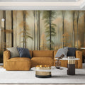 Forest Mural Wallpaper creating a cozy atmosphere in a modern living room, golden morning light filtering through misty trees