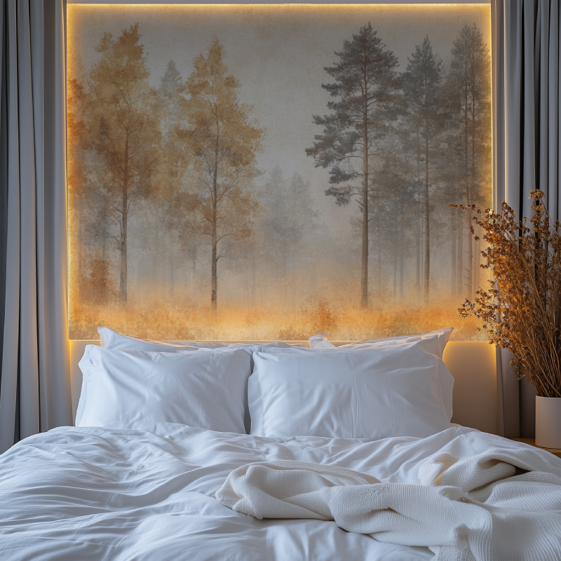 Bedroom featuring golden forest wallpaper mural with morning light effect