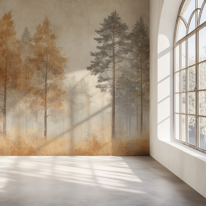 Nature wall mural in dining room showcasing misty forest scene
