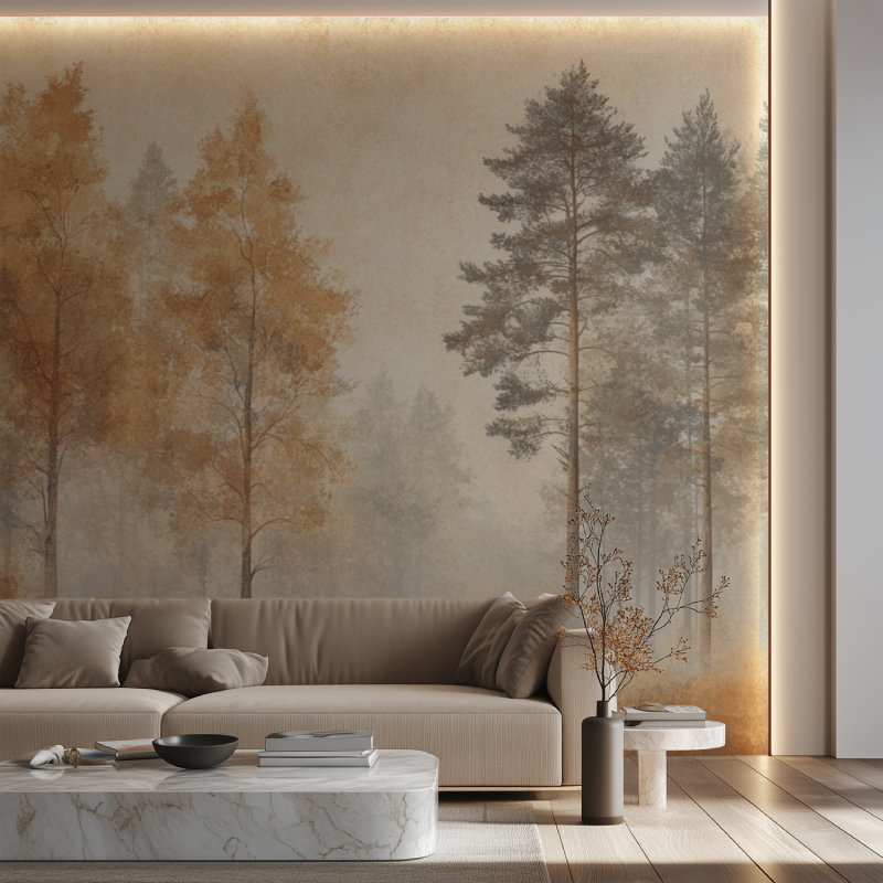 Home office with forest tree wallpaper creating peaceful work environment