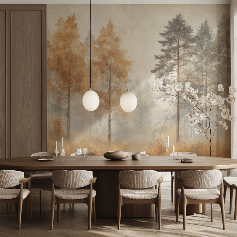 Forest mural wallpaper in hallway with soft lighting