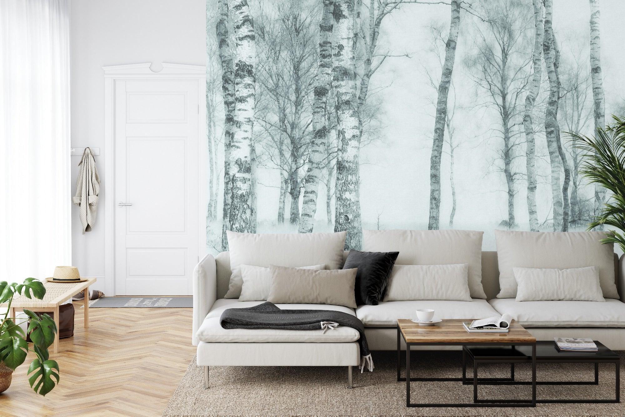 Misty birch forest wallpaper design file showing intricate black and white pattern