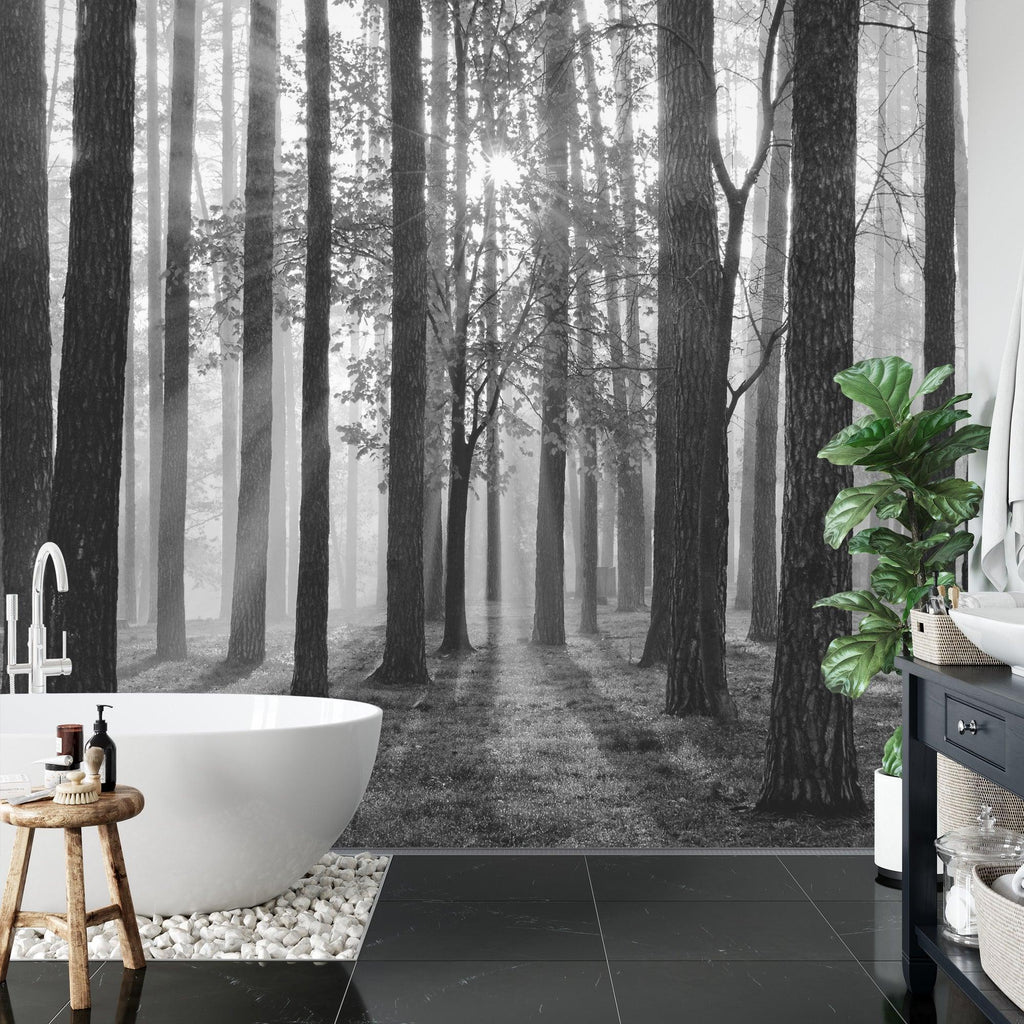Forest wall mural in home office showing black and white misty trees