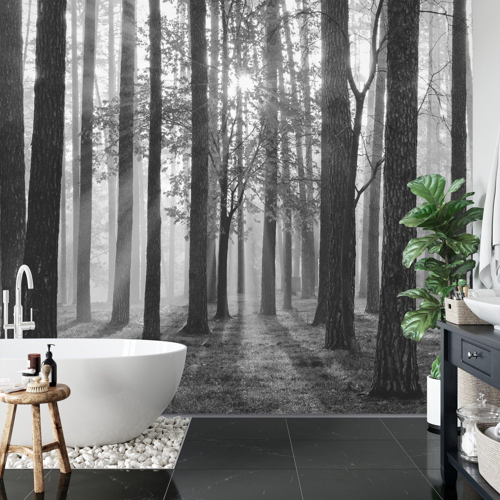 Forest wall mural in home office showing black and white misty trees