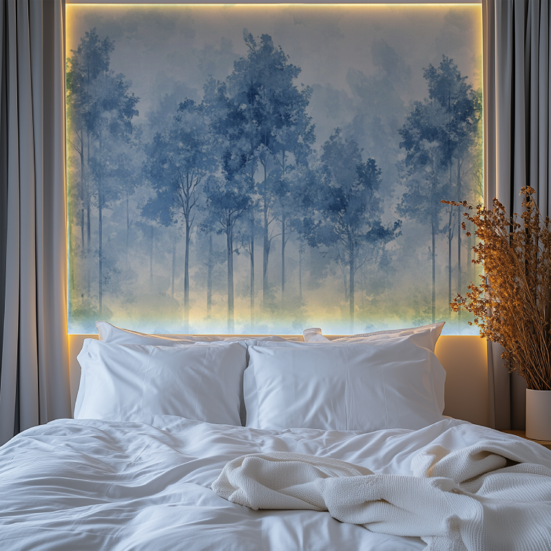 Forest Mural Wallpaper in modern living room showing blue misty trees creating depth