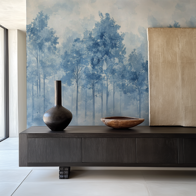 Blue forest wallpaper in master bedroom with morning light