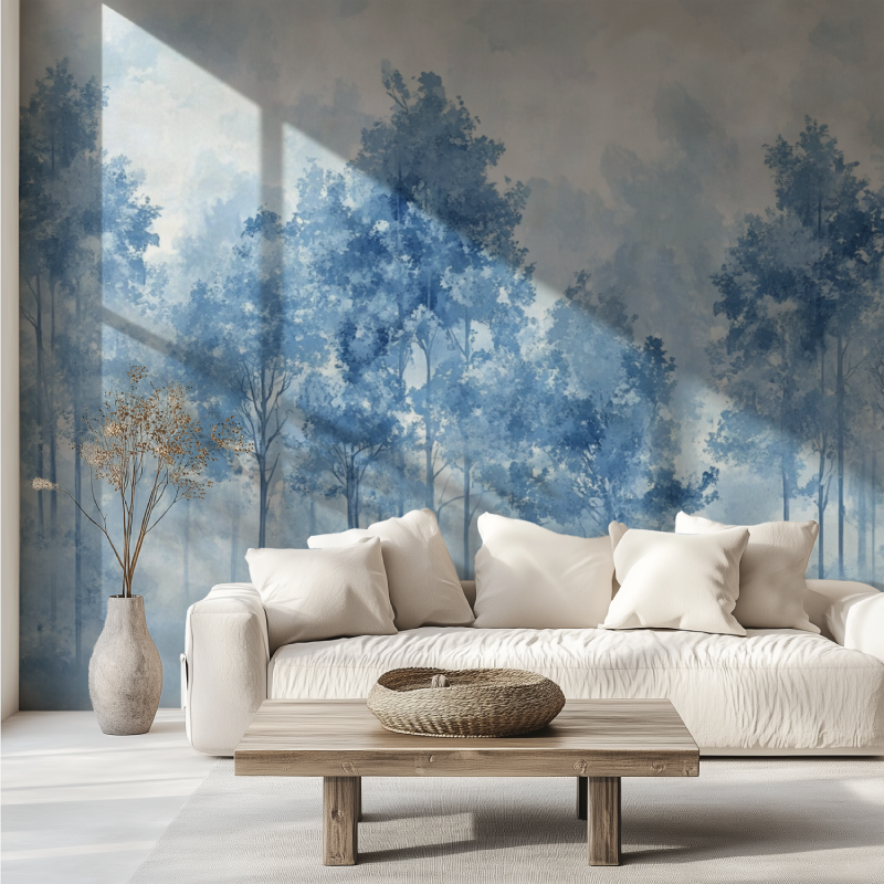Misty forest mural in meditation room showing scale of trees
