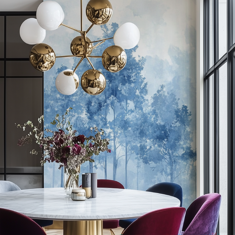 Forest tree wallpaper in dining room with soft blue tones