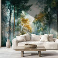 Forest mural wallpaper creating depth in modern living room with grey sofa and natural light