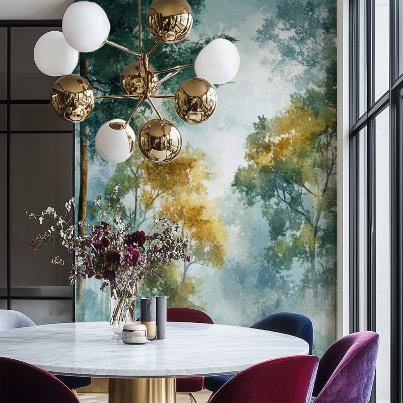 Misty forest wallpaper in master bedroom showing golden morning light effect