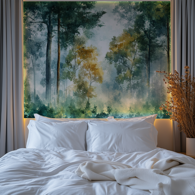 Green and gold forest mural adding natural charm to dining room setting