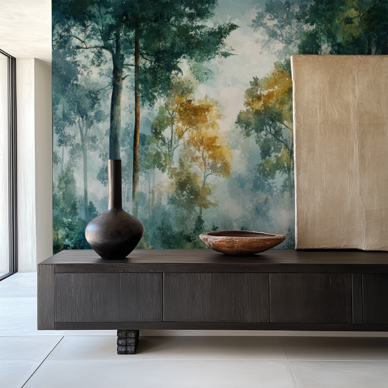 Woodland wallpaper mural showcased in home office with minimal furniture