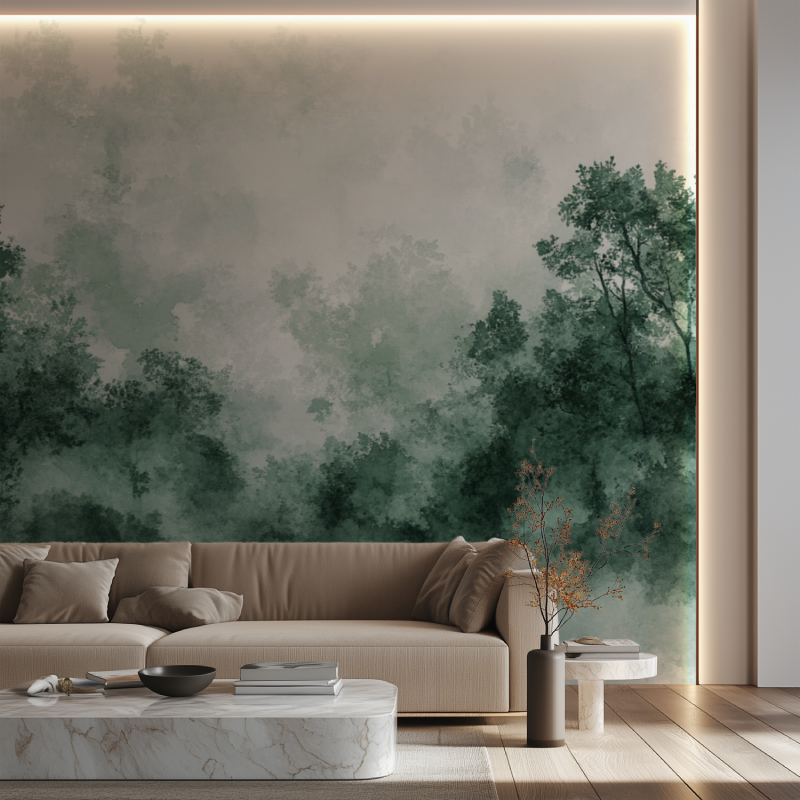 Forest wall mural creating depth in modern living room with gray sofa and natural light