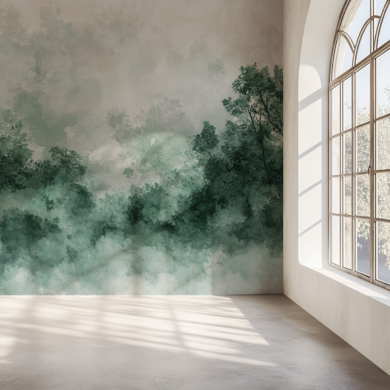 Misty forest wallpaper adding serenity to master bedroom with minimal decor