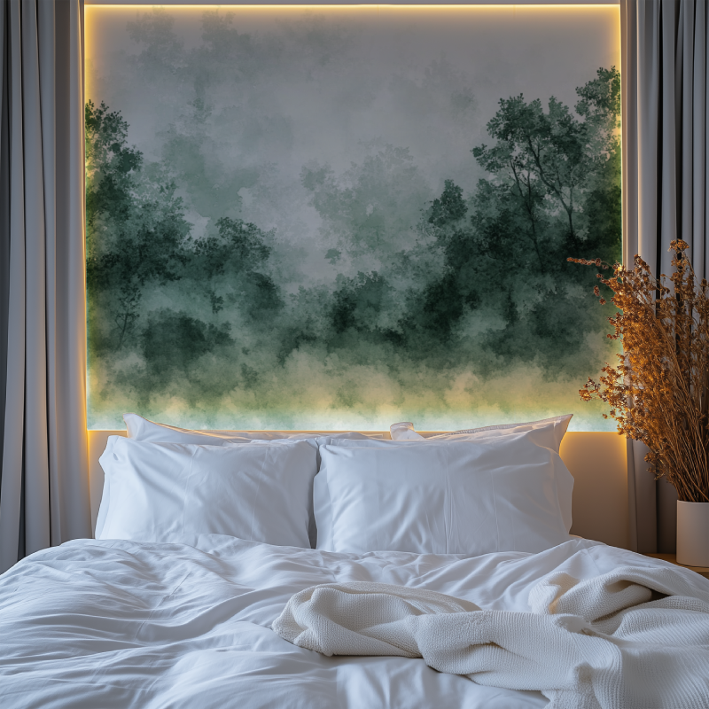 Nature wall mural brightening dining room with contemporary setting