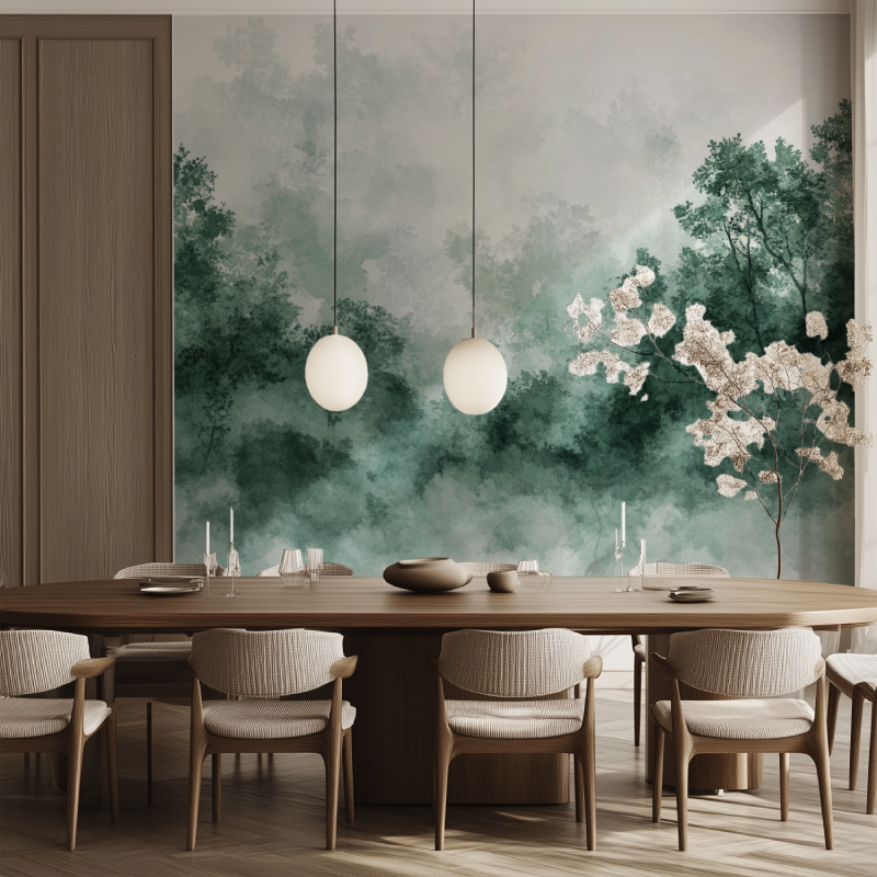 Forest wallpaper creating atmosphere in meditation room with natural elements