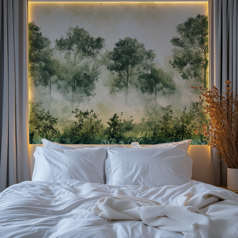 Forest wall mural creating depth in modern living room with grey sofa and natural light