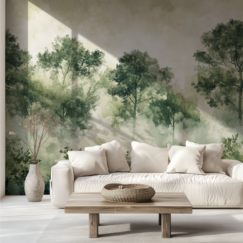 Forest tree wallpaper in home office creating calm work environment