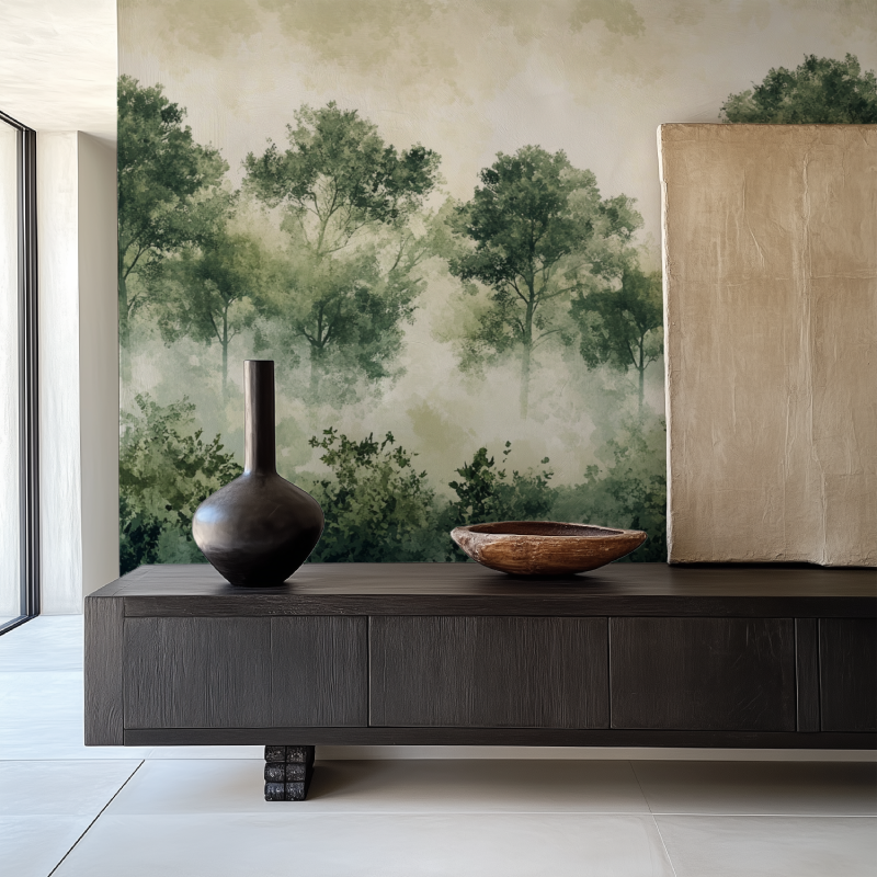 Misty forest mural in meditation room showing peaceful morning scene