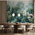 Forest mural wallpaper creating depth in modern living room with grey sofa and natural light