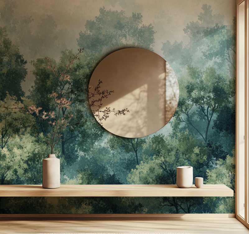 Green forest wall mural in home office space with wooden desk