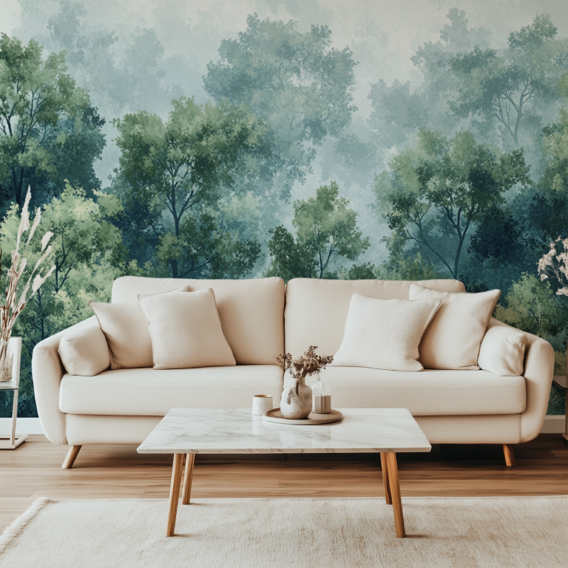 Nature wall mural application in dining room with natural lighting